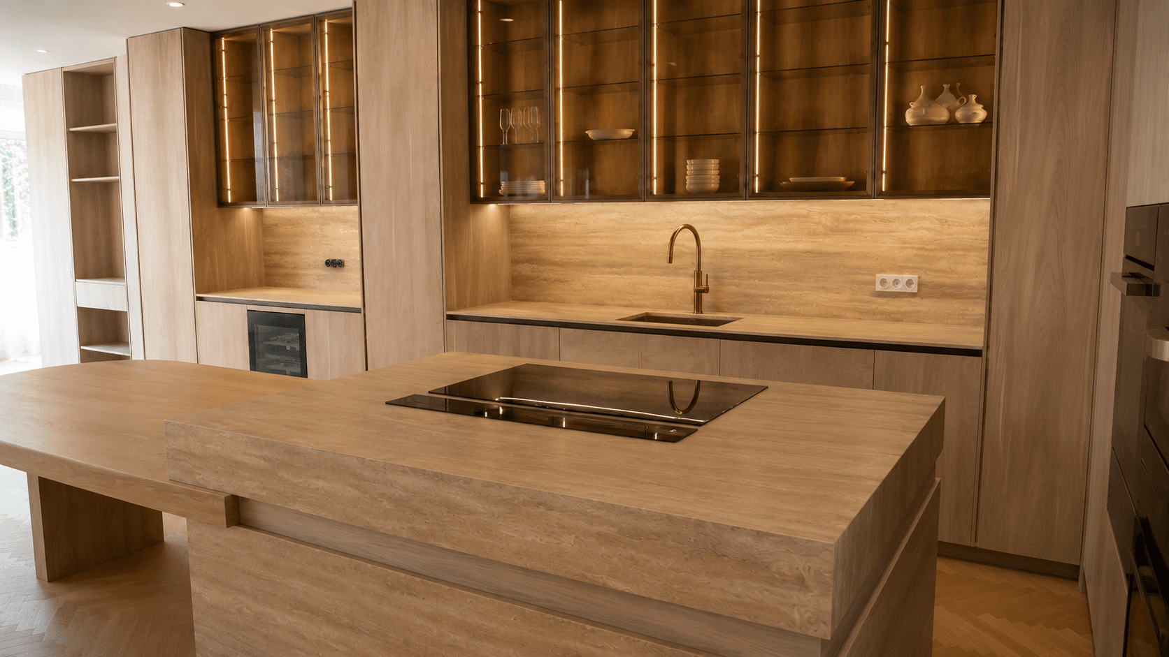 Cannes residence — kitchen with travertine island, copper faucet, and integrated lighting