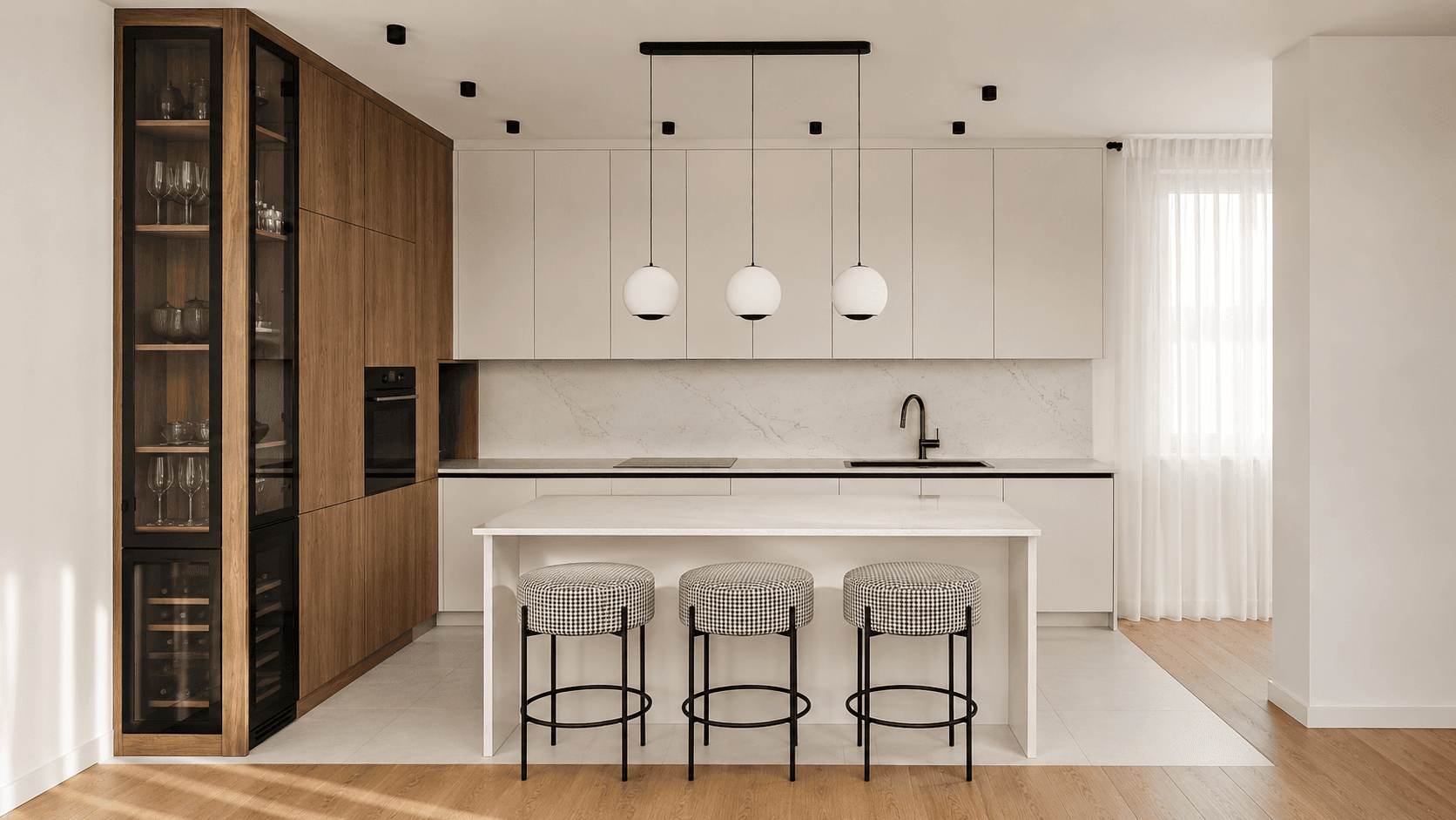 Kitchen with white island, walnut display, and pendant lighting