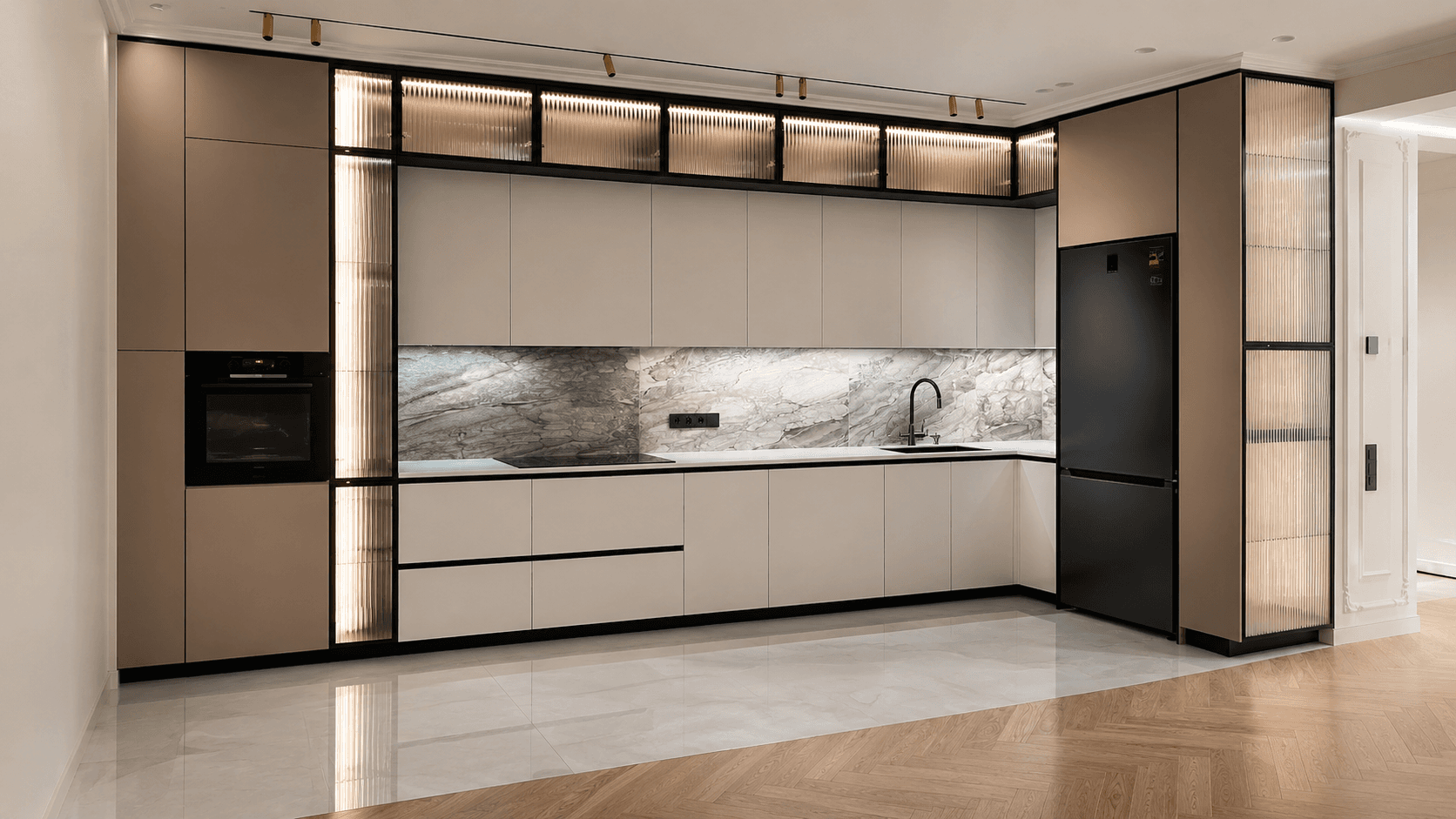 Minimalist beige kitchen with marble backsplash and fluted glass details